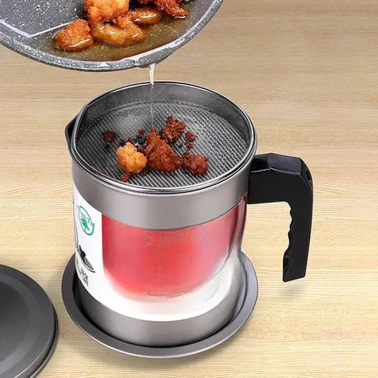 Stainless Steel 1.4L Oil Filter Storage Pot with Strainer – Grease Container for Kitchen Cooking
